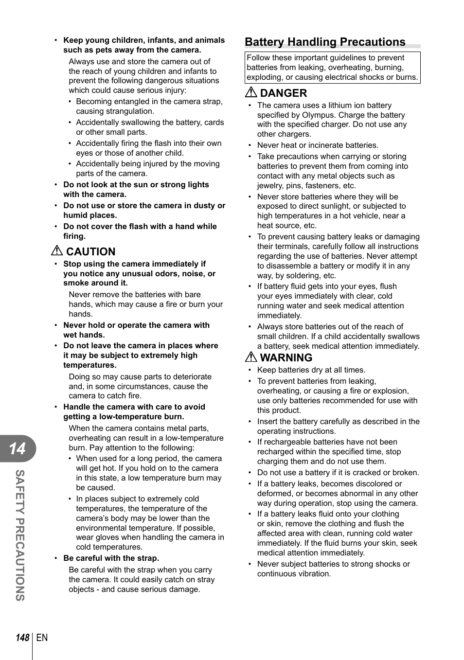 Safety precautions, Battery handling precautions, Caution | Danger, Warning, 148 en | Olympus EM10 User Manual | Page 148 / 161