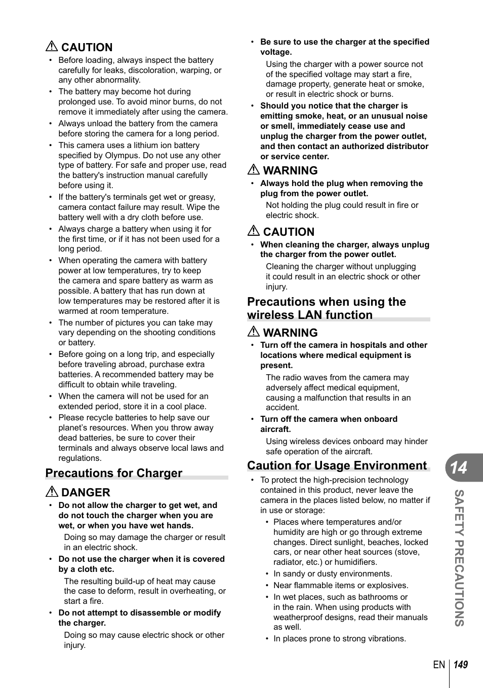 Safety precautions, Precautions for charger, Precautions when using the wireless lan function | Caution for usage environment, Caution, Danger, Warning, 149 en | Olympus EM10 User Manual | Page 149 / 161