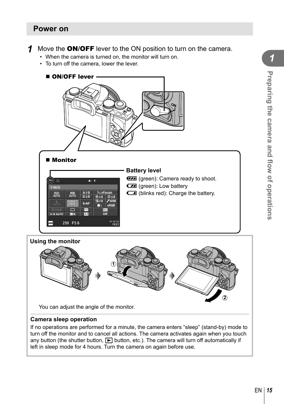 Power on, Preparing the camera and fl ow of operations, 15 en | Olympus EM10 User Manual | Page 15 / 161