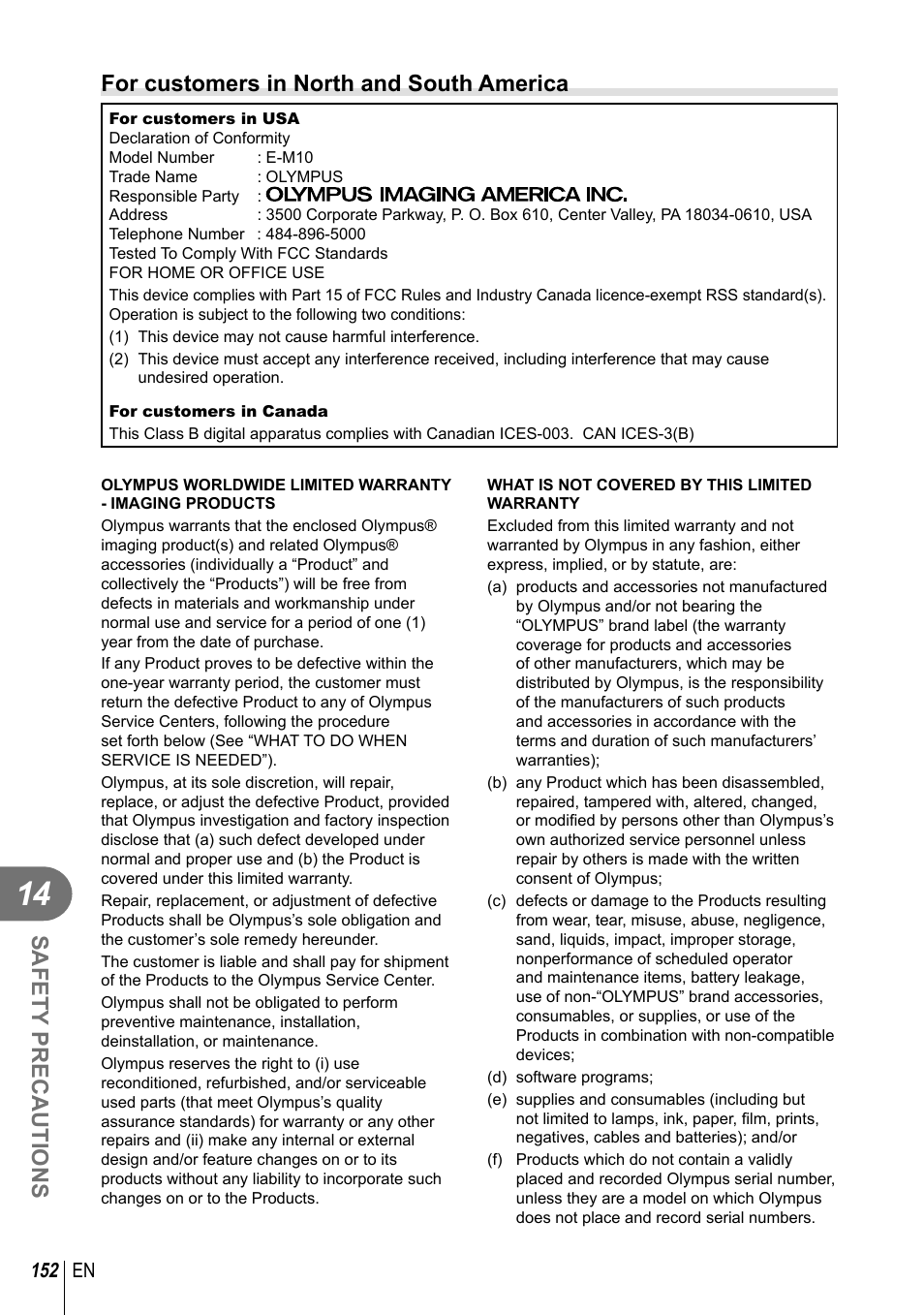 Safety precautions, For customers in north and south america | Olympus EM10 User Manual | Page 152 / 161