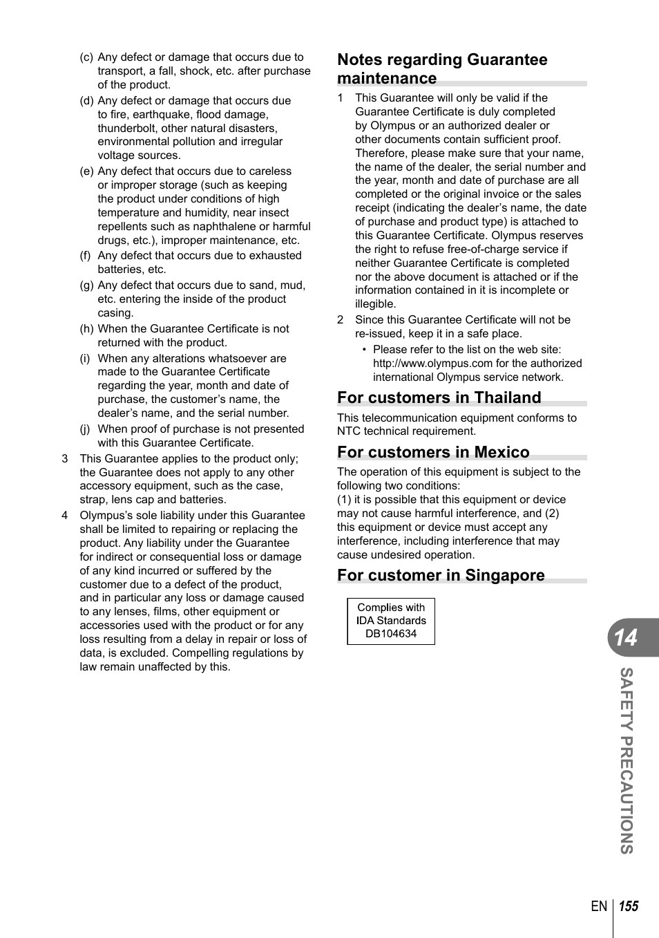 Safety precautions, For customers in thailand, For customers in mexico | For customer in singapore | Olympus EM10 User Manual | Page 155 / 161