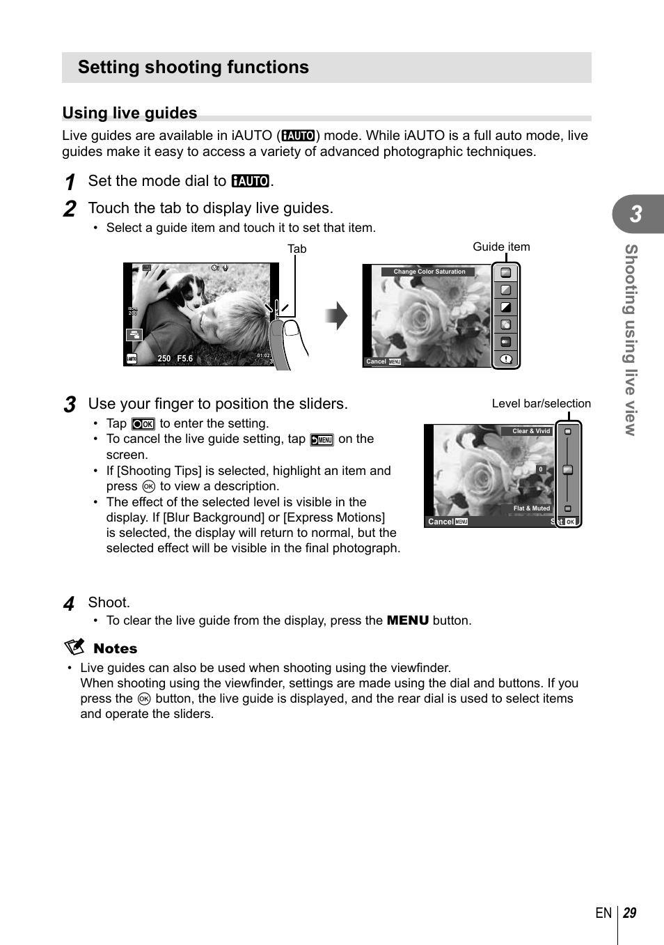 Setting shooting functions, Shooting using live view, Using live guides | Set the mode dial to a, Touch the tab to display live guides, Use your fi nger to position the sliders, 29 en, Shoot | Olympus EM10 User Manual | Page 29 / 161