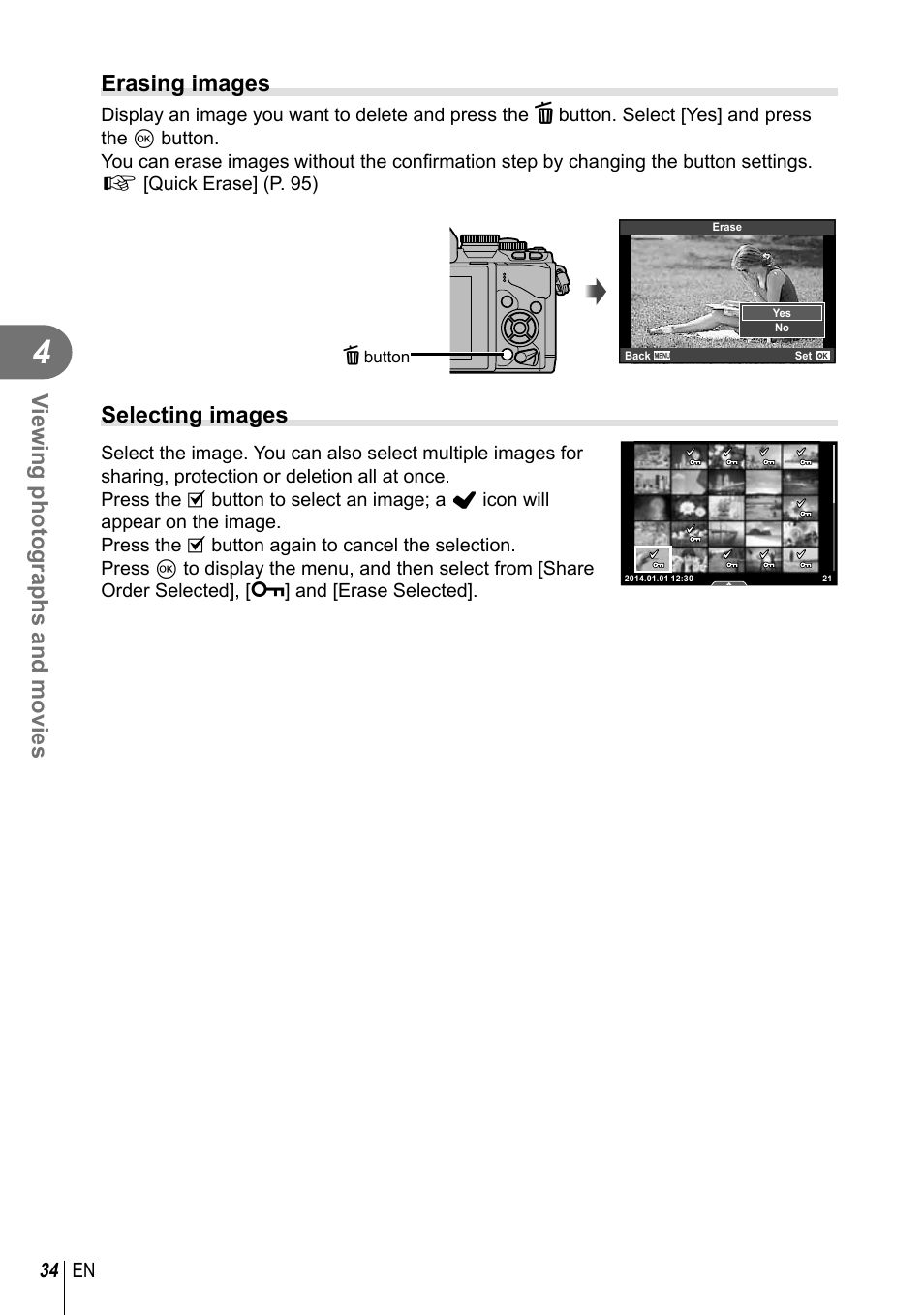 Viewing photographs and movies, Erasing images, Selecting images | Olympus EM10 User Manual | Page 34 / 161