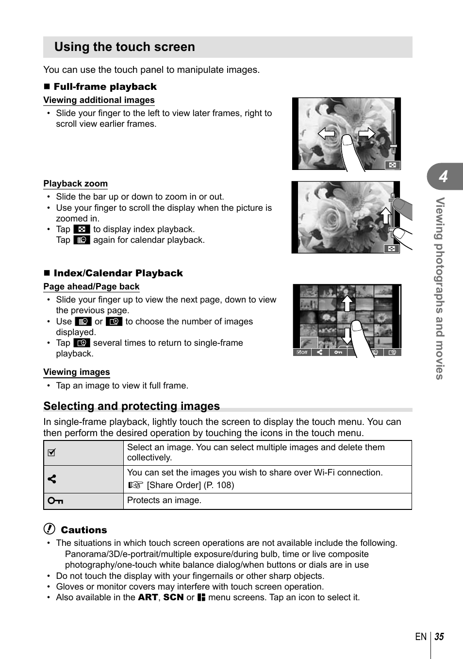 Using the touch screen, Viewing photographs and movies, Selecting and protecting images | Olympus EM10 User Manual | Page 35 / 161