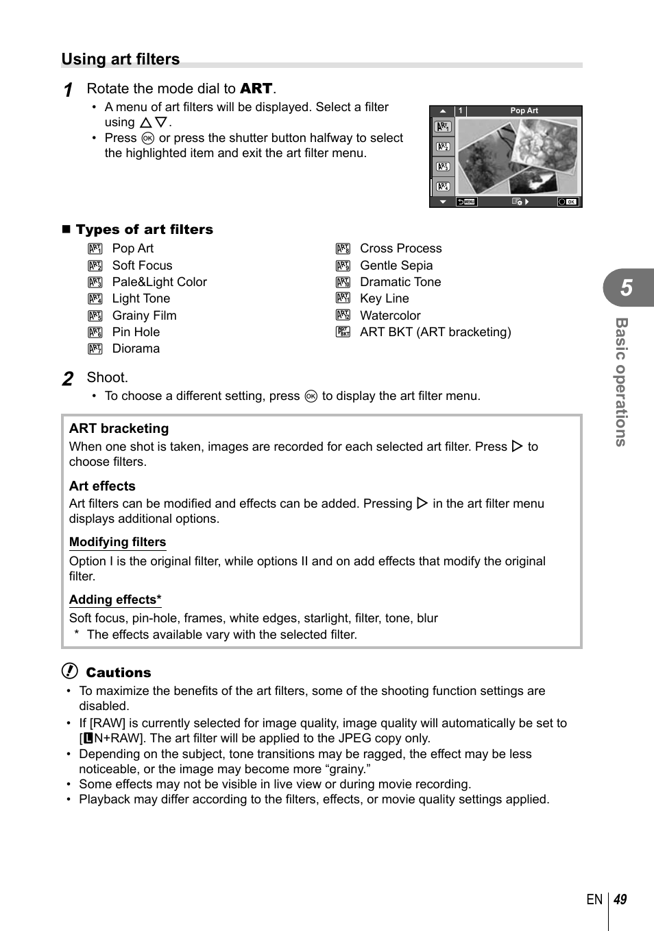 Basic operations, Using art fi lters | Olympus EM10 User Manual | Page 49 / 161