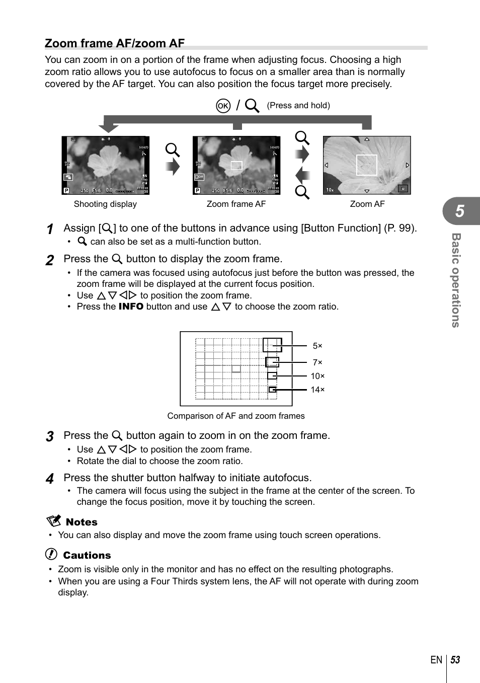 Uq / u, Basic operations, Zoom frame af/zoom af | 53 en, Press the u button to display the zoom frame, Cautions, A can also be set as a multi-function button | Olympus EM10 User Manual | Page 53 / 161