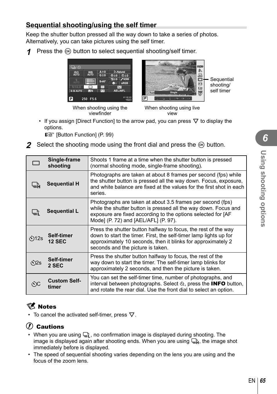 Using shooting options, Sequential shooting/using the self timer, 65 en | Cautions | Olympus EM10 User Manual | Page 65 / 161