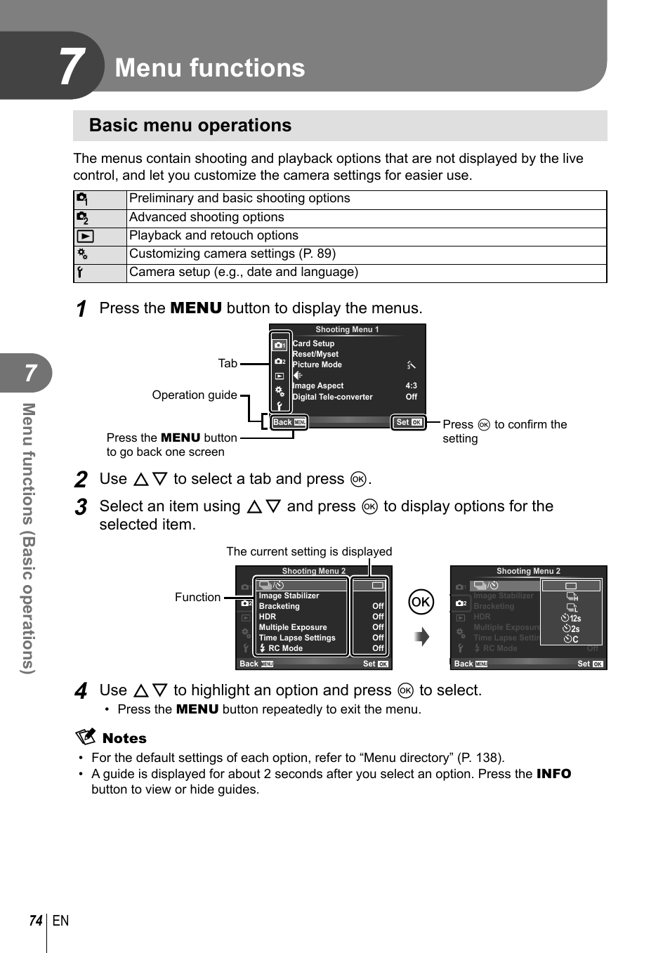 Menu functions, Basic menu operations, Menu functions (basic operations) | Press the menu button to display the menus, Use fg to select a tab and press q, 74 en | Olympus EM10 User Manual | Page 74 / 161