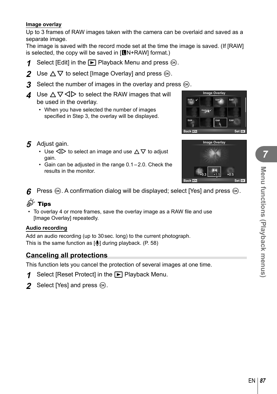 Menu functions (playback menus), Canceling all protections | Olympus EM10 User Manual | Page 87 / 161