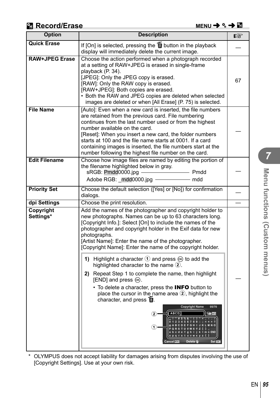 Y record/erase, Menu functions (custom menus), 95 en | Olympus EM10 User Manual | Page 95 / 161