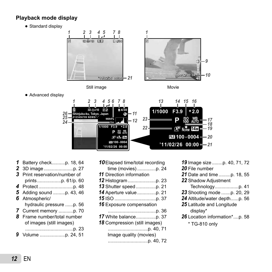 12 en, Playback mode display | Olympus TG810 User Manual | Page 12 / 92