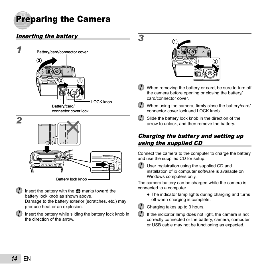 Preparing the camera, 14 en, Inserting the battery | Olympus TG810 User Manual | Page 14 / 92