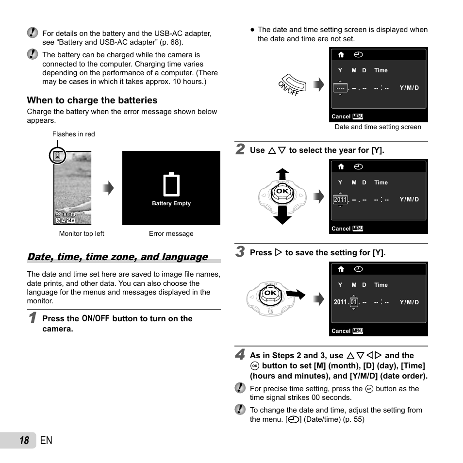 18 en, Date, time, time zone, and language, When to charge the batteries | Olympus TG810 User Manual | Page 18 / 92