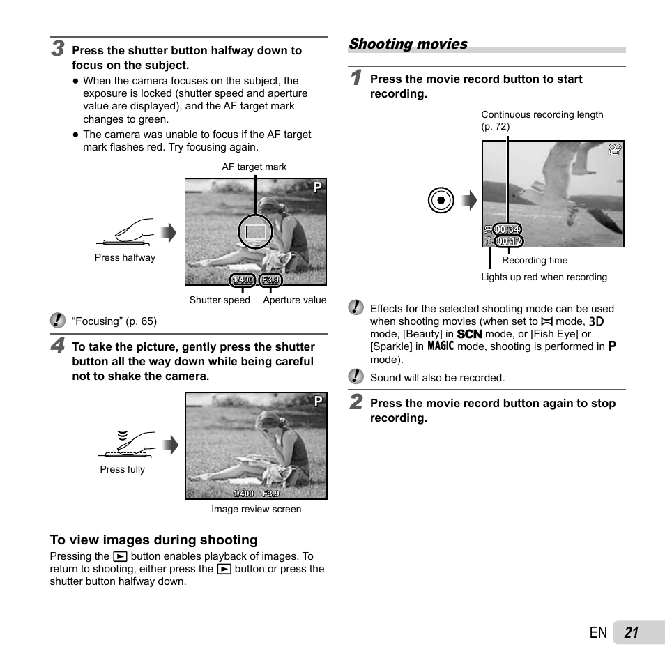 21 en, Shooting movies | Olympus TG810 User Manual | Page 21 / 92