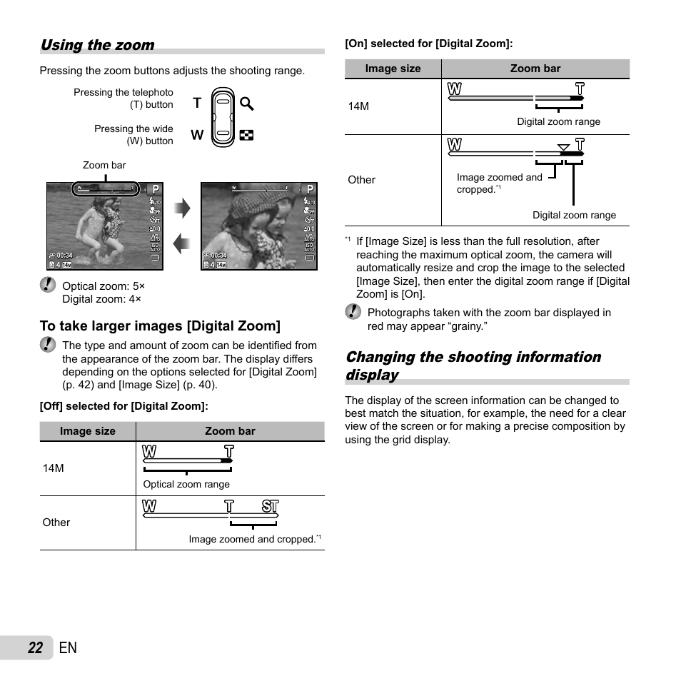 22 en, Using the zoom, Changing the shooting information display | Olympus TG810 User Manual | Page 22 / 92