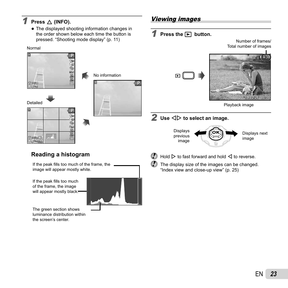 23 en, Viewing images, Reading a histogram | Press the q button, Use hi to select an image, Press f (info) | Olympus TG810 User Manual | Page 23 / 92