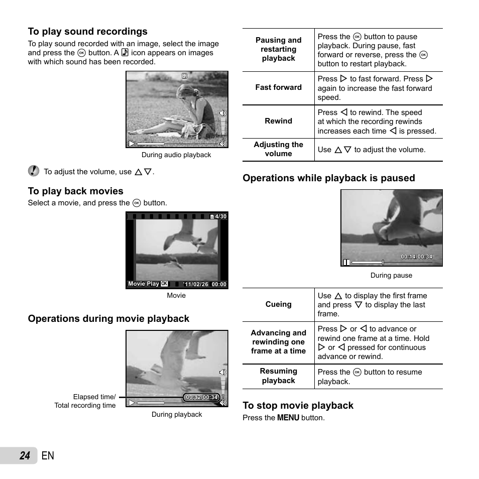 24 en, Operations during movie playback, Operations while playback is paused | Olympus TG810 User Manual | Page 24 / 92