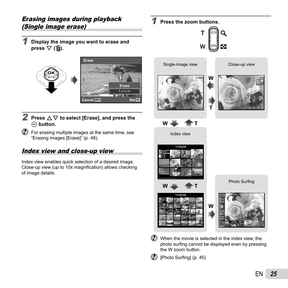 25 en, Index view and close-up view, Wt w t | Olympus TG810 User Manual | Page 25 / 92