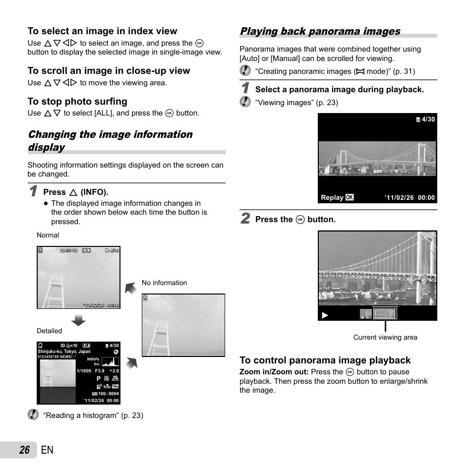 26 en, Changing the image information display, Playing back panorama images | Olympus TG810 User Manual | Page 26 / 92
