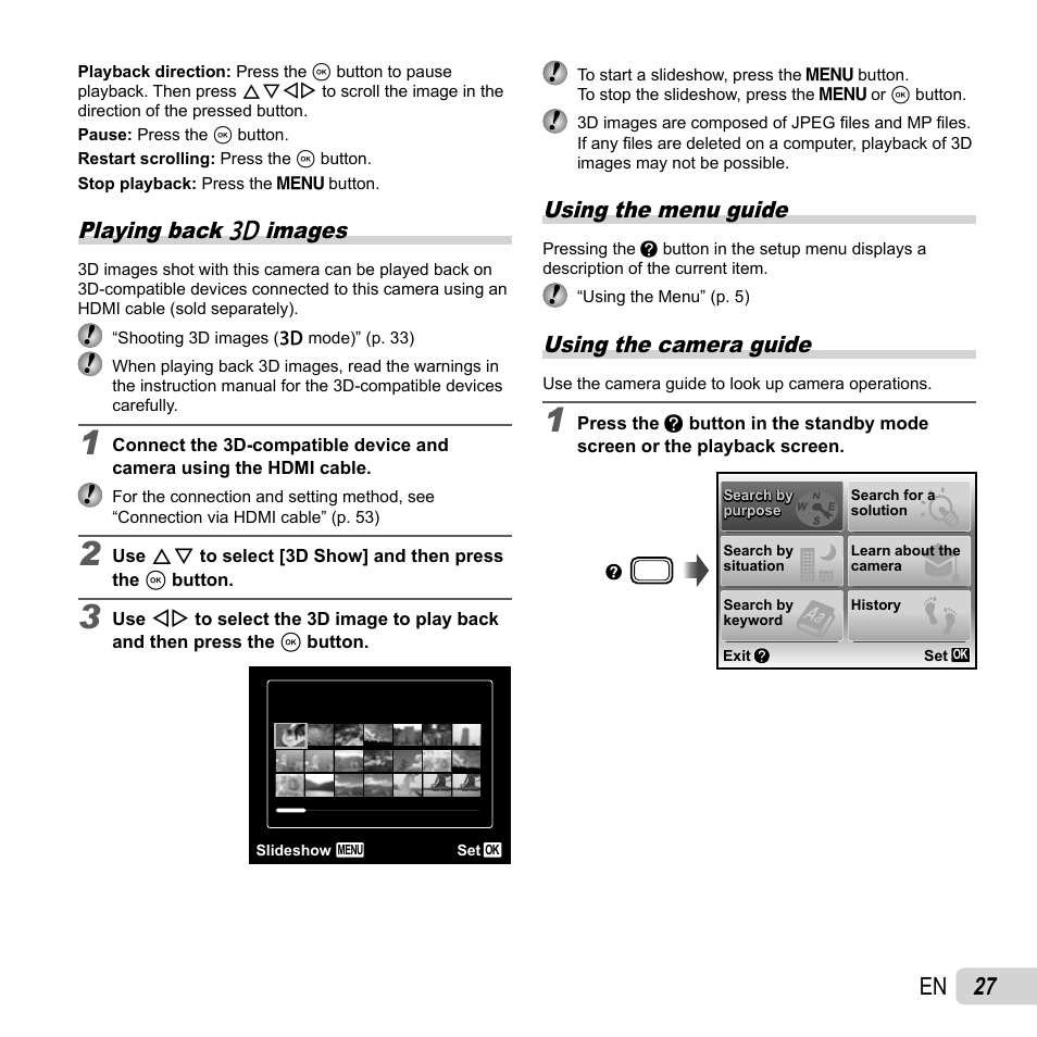 27 en, Playing back w images, Using the menu guide | Using the camera guide | Olympus TG810 User Manual | Page 27 / 92