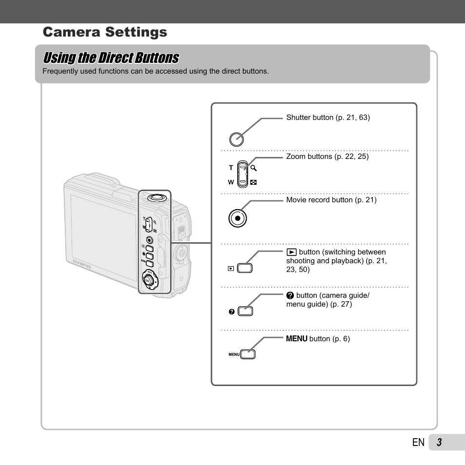 Using the direct buttons, Camera settings | Olympus TG810 User Manual | Page 3 / 92