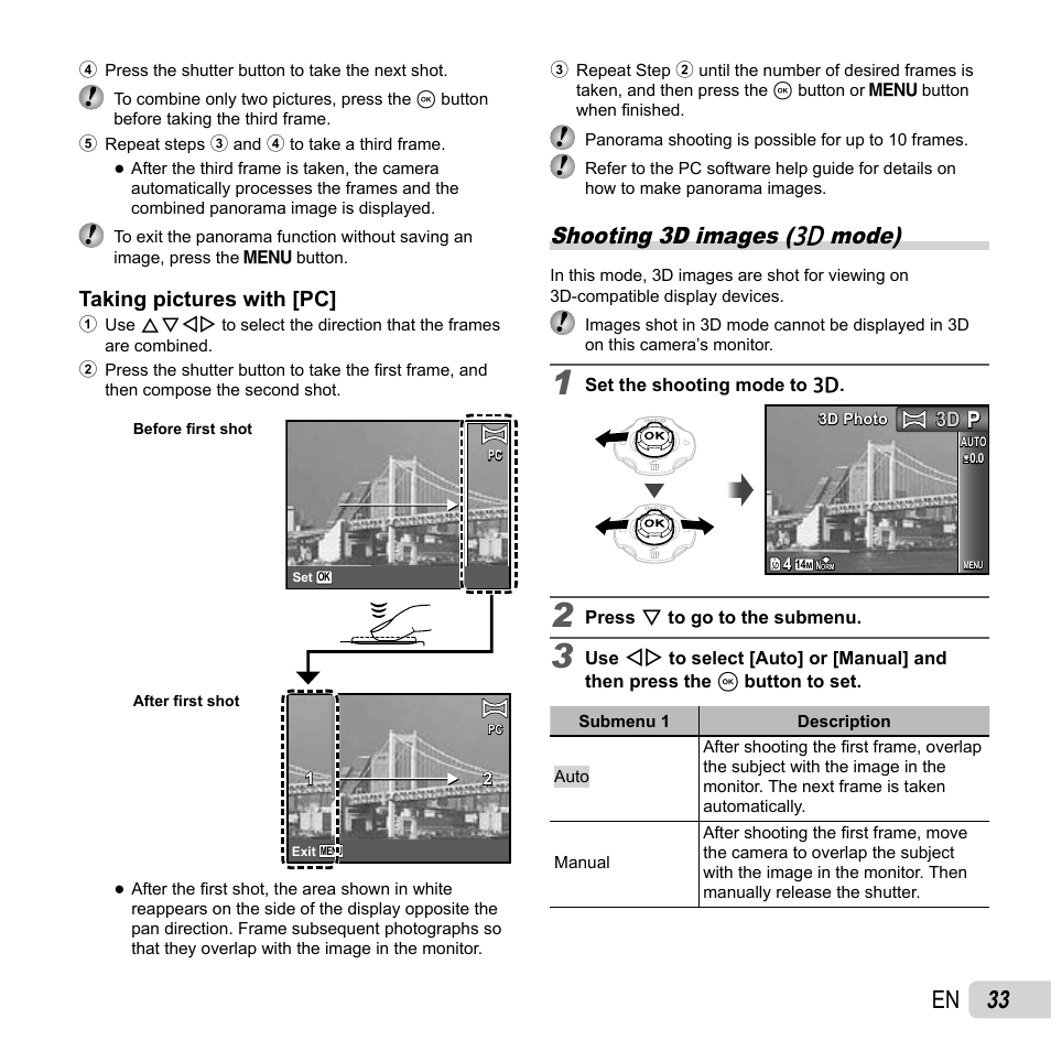 33 en, Shooting 3d images (w mode), Taking pictures with [pc | Olympus TG810 User Manual | Page 33 / 92