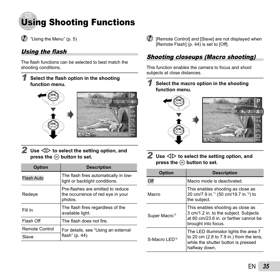 Using shooting functions, 35 en, Using the fl ash | Shooting closeups (macro shooting) | Olympus TG810 User Manual | Page 35 / 92