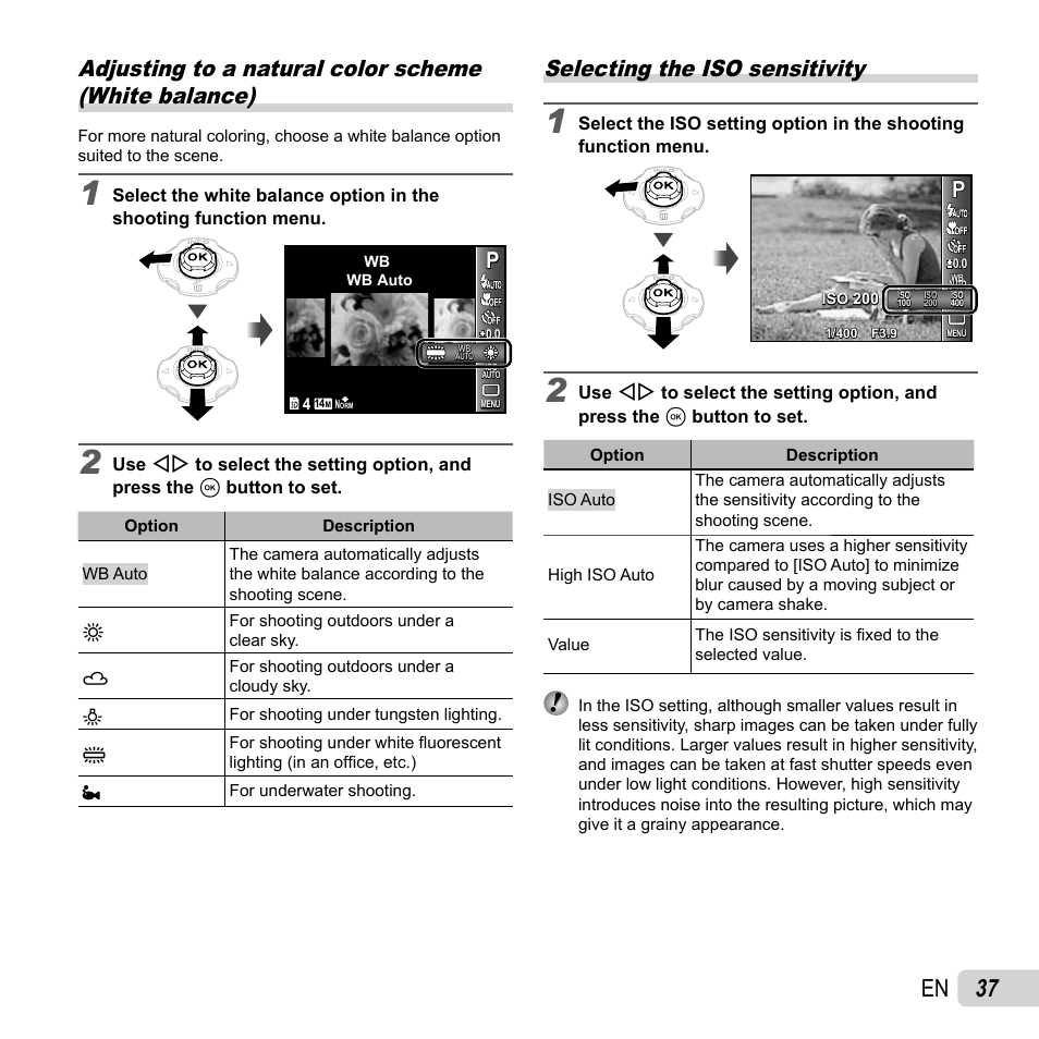 37 en, Selecting the iso sensitivity | Olympus TG810 User Manual | Page 37 / 92