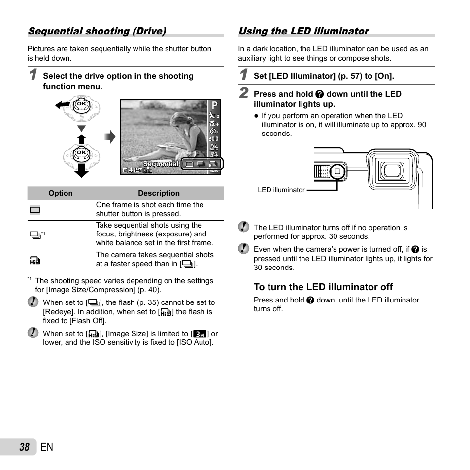 38 en, Sequential shooting (drive), Using the led illuminator | Olympus TG810 User Manual | Page 38 / 92