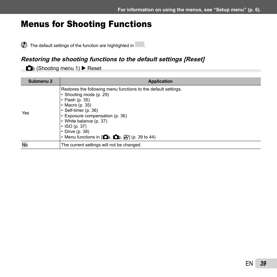 Menus for shooting functions, 39 en | Olympus TG810 User Manual | Page 39 / 92