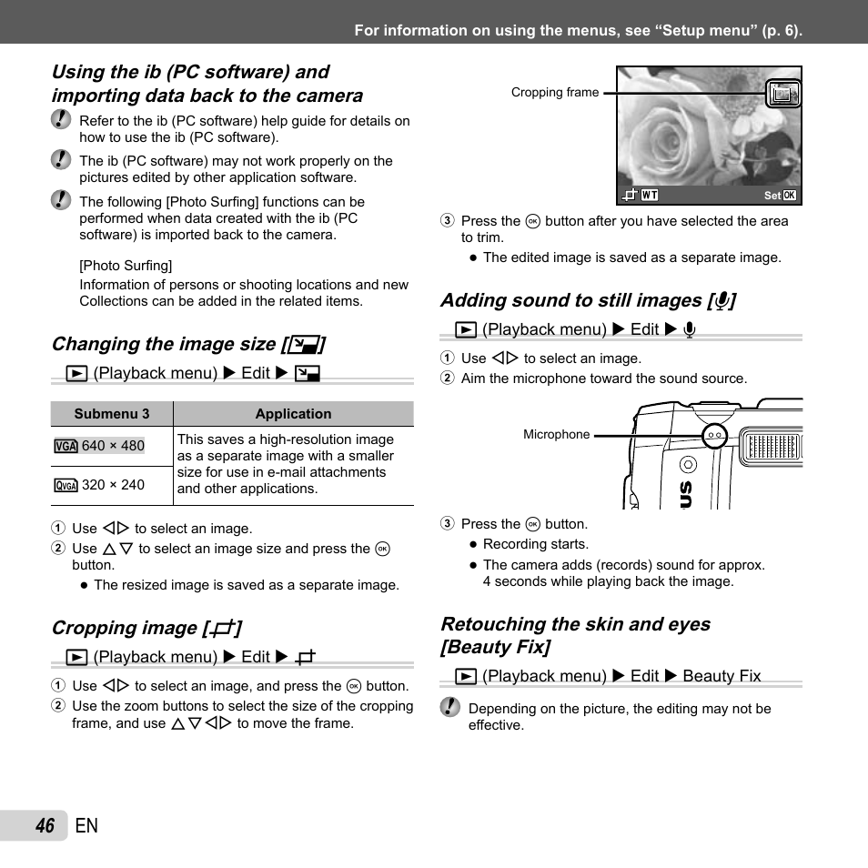 46 en, Changing the image size, Changing the image size [ q q | Cropping image, Cropping image [ p p | Olympus TG810 User Manual | Page 46 / 92