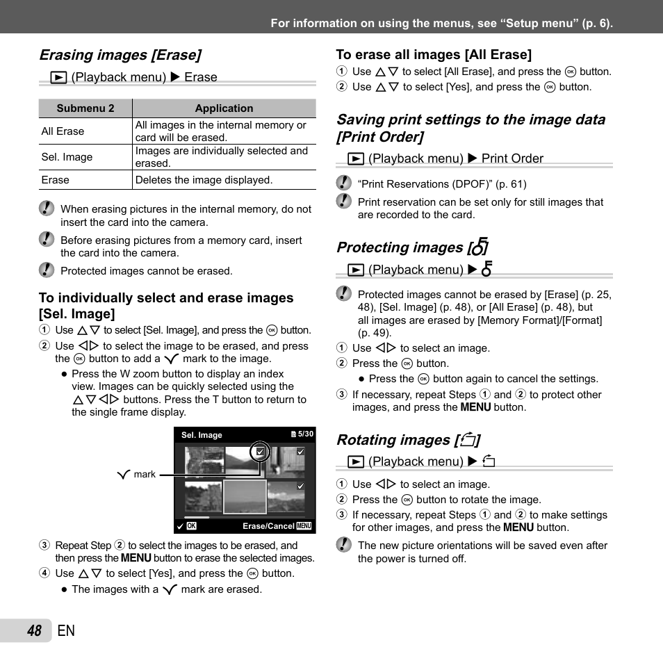 48 en, Erasing images [erase, Protecting images [ protecting images [ r r | Rotating images [ rotating images [ y y | Olympus TG810 User Manual | Page 48 / 92