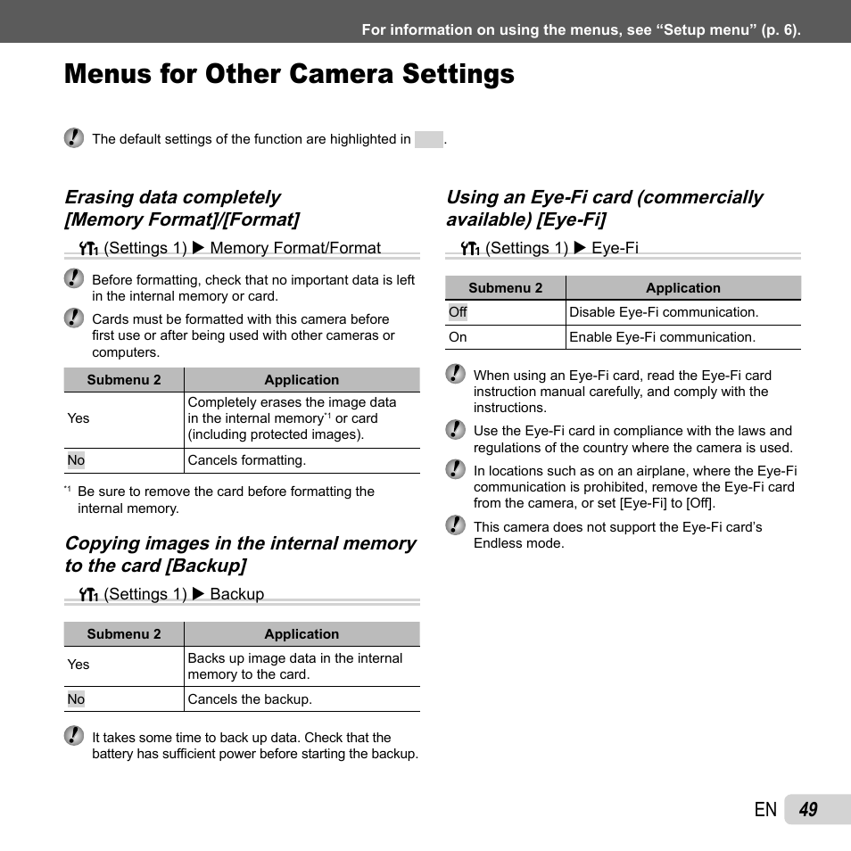 Menus for other camera settings, 49 en | Olympus TG810 User Manual | Page 49 / 92