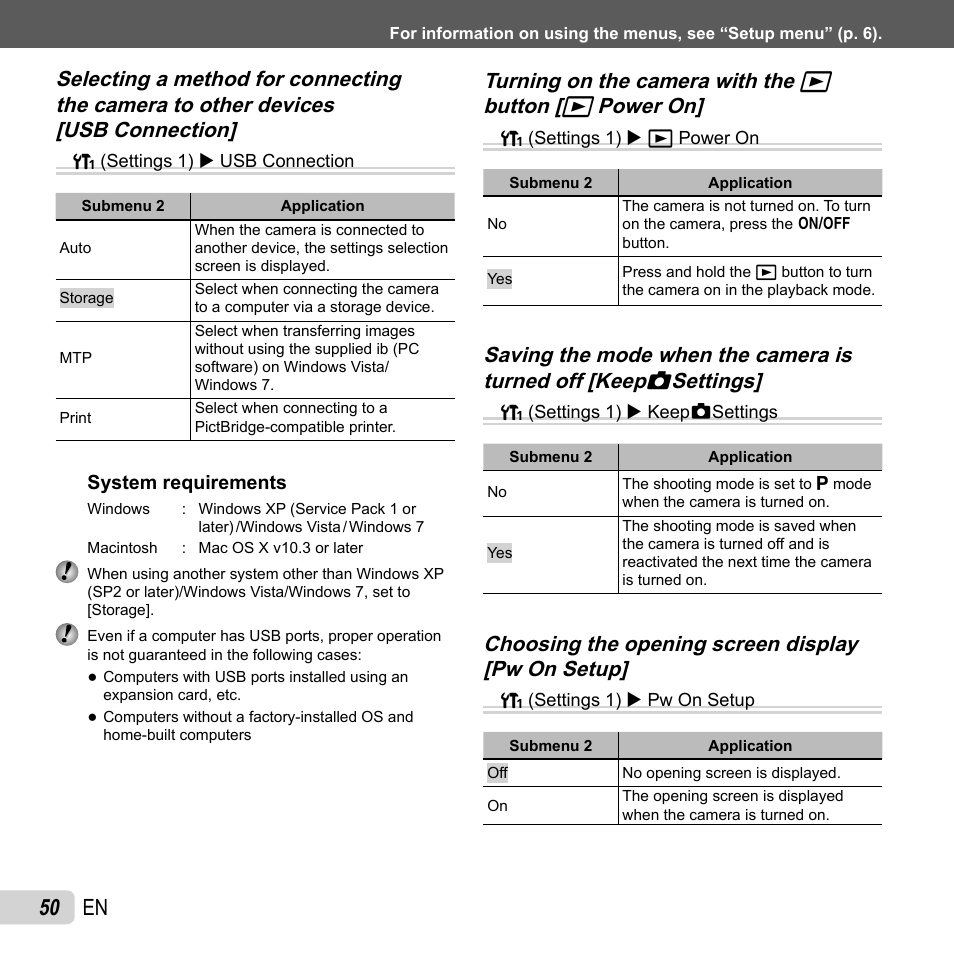 50 en, Turning on the camera with the | Olympus TG810 User Manual | Page 50 / 92