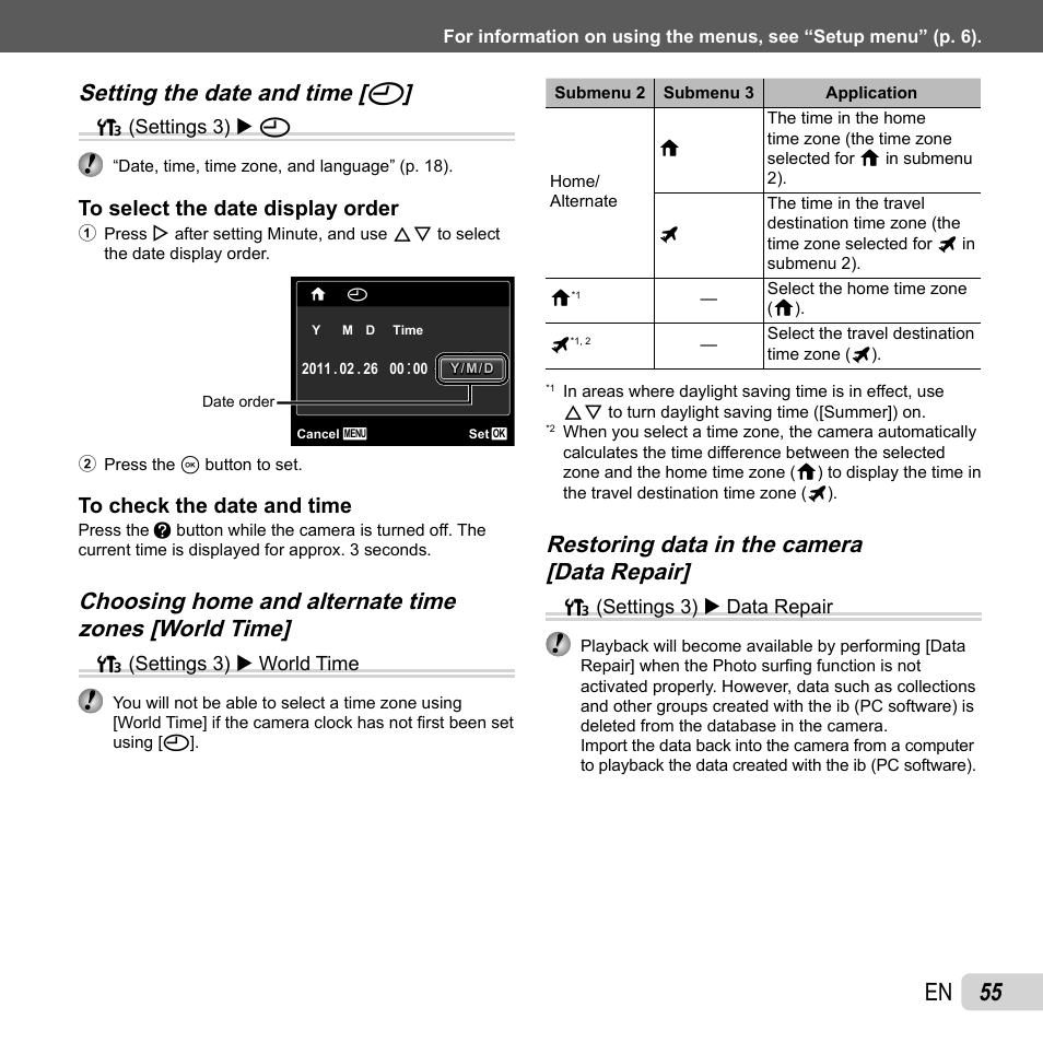 55 en, Setting the date and time, Setting the date and time [ x x | Olympus TG810 User Manual | Page 55 / 92