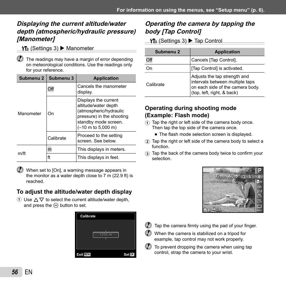 56 en, T (settings 3) x manometer, T (settings 3) x tap control | Olympus TG810 User Manual | Page 56 / 92