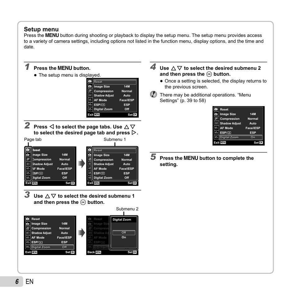 6 en, Setup menu, Press the m button | Press the m button to complete the setting, The setup menu is displayed, Page tab, Submenu 1, Submenu 2 | Olympus TG810 User Manual | Page 6 / 92