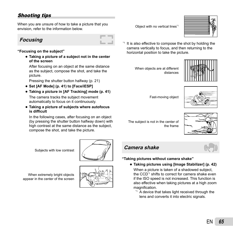 65 en, Shooting tips, Focusing | Camera shake | Olympus TG810 User Manual | Page 65 / 92