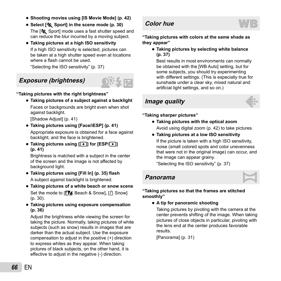 66 en, Exposure (brightness), Color hue | Image quality, Panorama | Olympus TG810 User Manual | Page 66 / 92