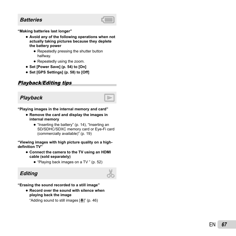 67 en, Batteries, Playback/editing tips playback | Editing | Olympus TG810 User Manual | Page 67 / 92