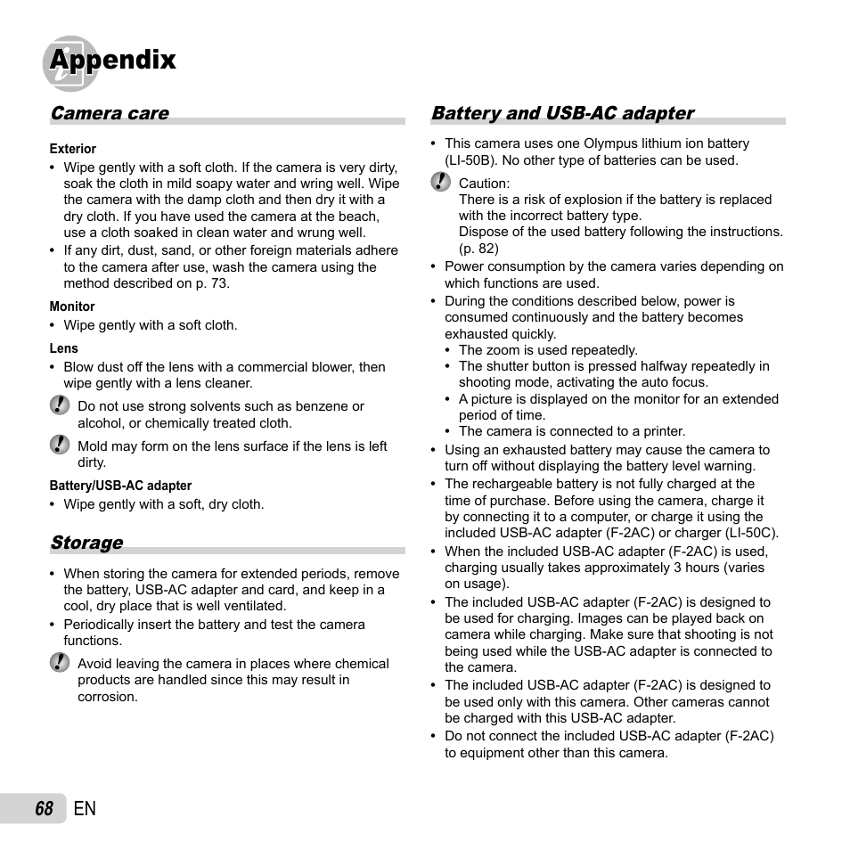 Appendix, 68 en, Camera care | Storage, Battery and usb-ac adapter | Olympus TG810 User Manual | Page 68 / 92