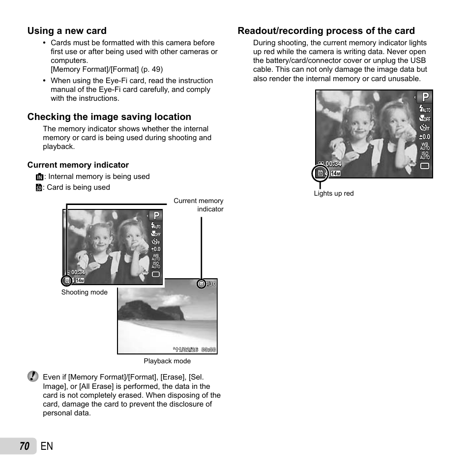 70 en, Using a new card, Checking the image saving location | Readout/recording process of the card | Olympus TG810 User Manual | Page 70 / 92