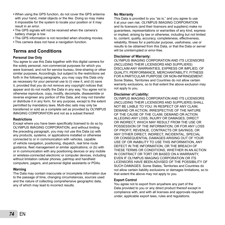 74 en, Terms and conditions | Olympus TG810 User Manual | Page 74 / 92