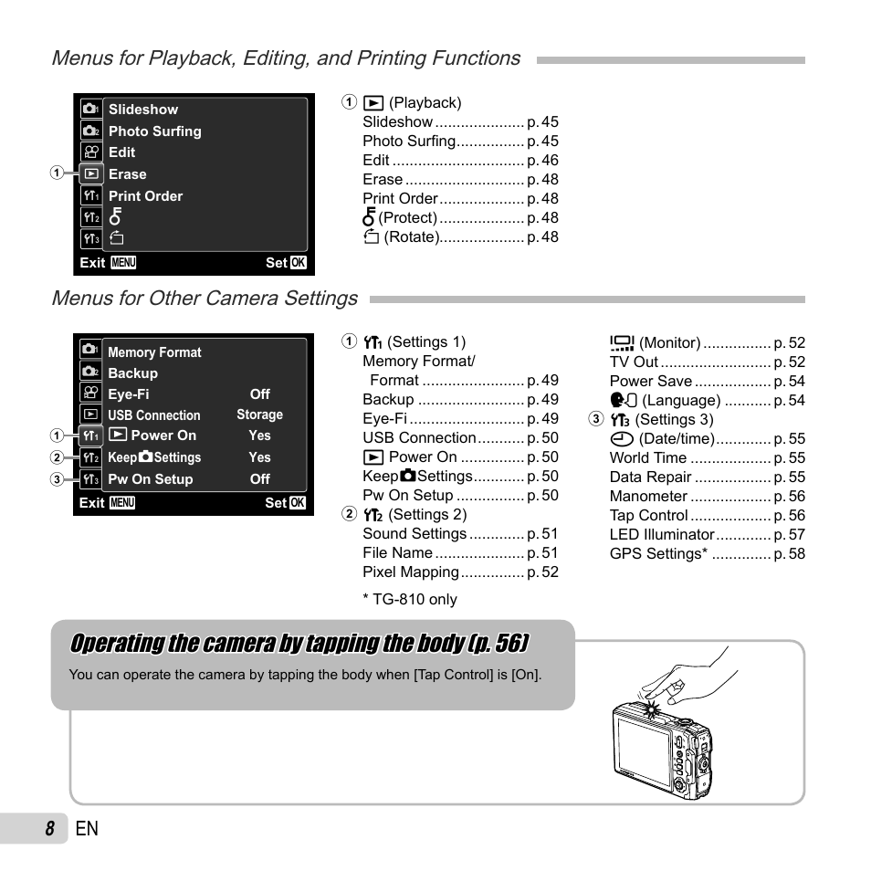 Operating the camera by tapping the body (p. 56), Menus for other camera settings, 8 en | Olympus TG810 User Manual | Page 8 / 92