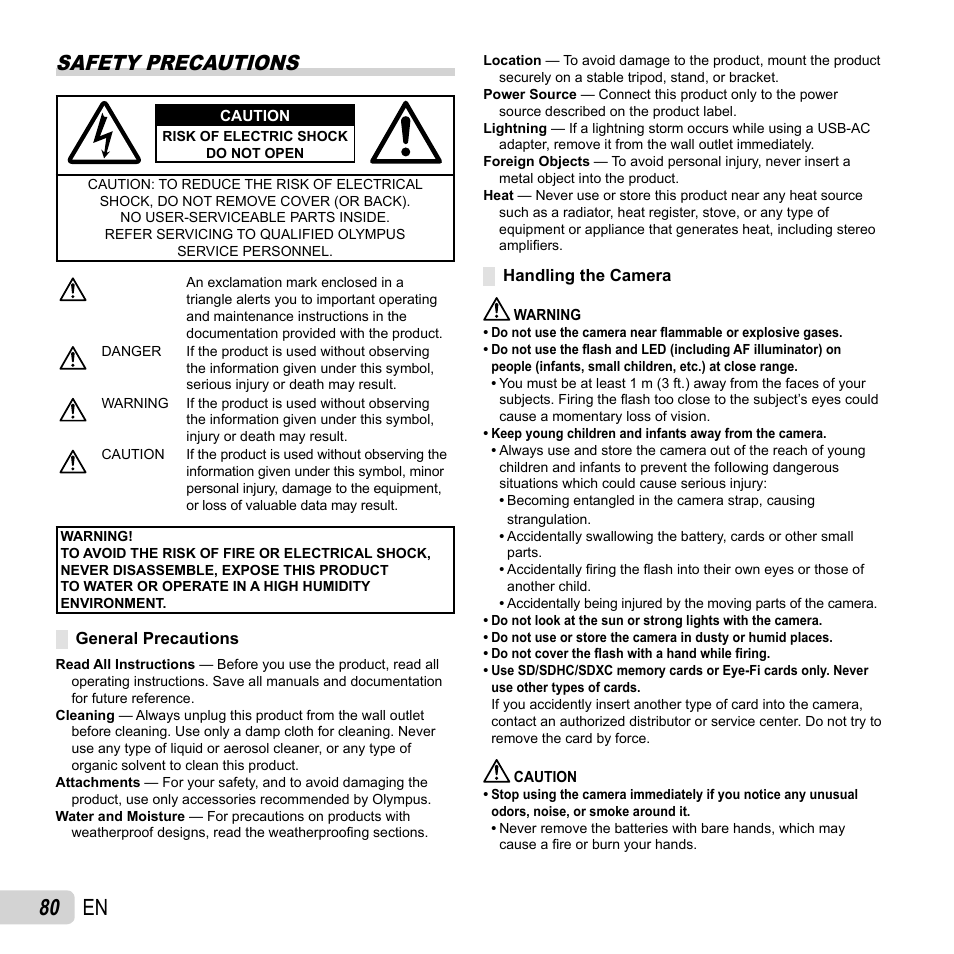 80 en, Safety precautions | Olympus TG810 User Manual | Page 80 / 92