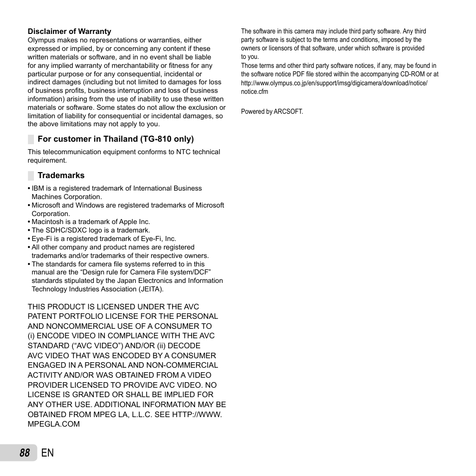 88 en | Olympus TG810 User Manual | Page 88 / 92