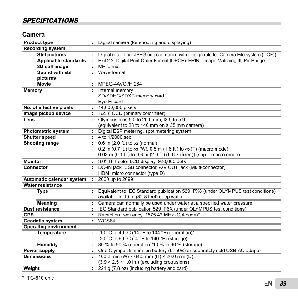 89 en, Specifications, Camera | Olympus TG810 User Manual | Page 89 / 92