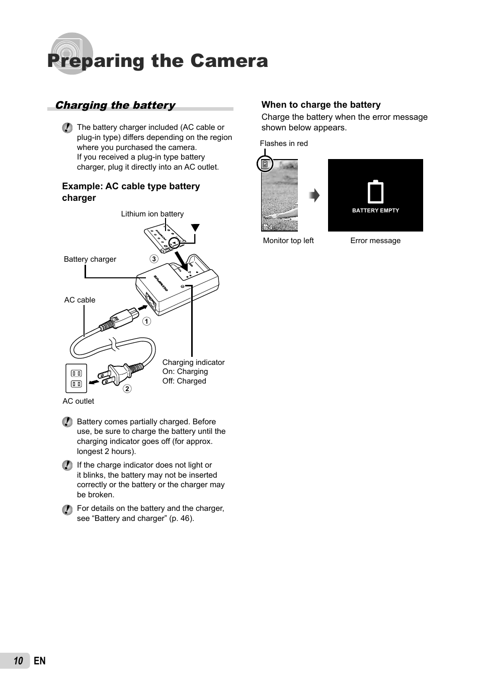 Preparing the camera, 10 en, Charging the battery | Olympus FE-5035 User Manual | Page 10 / 60