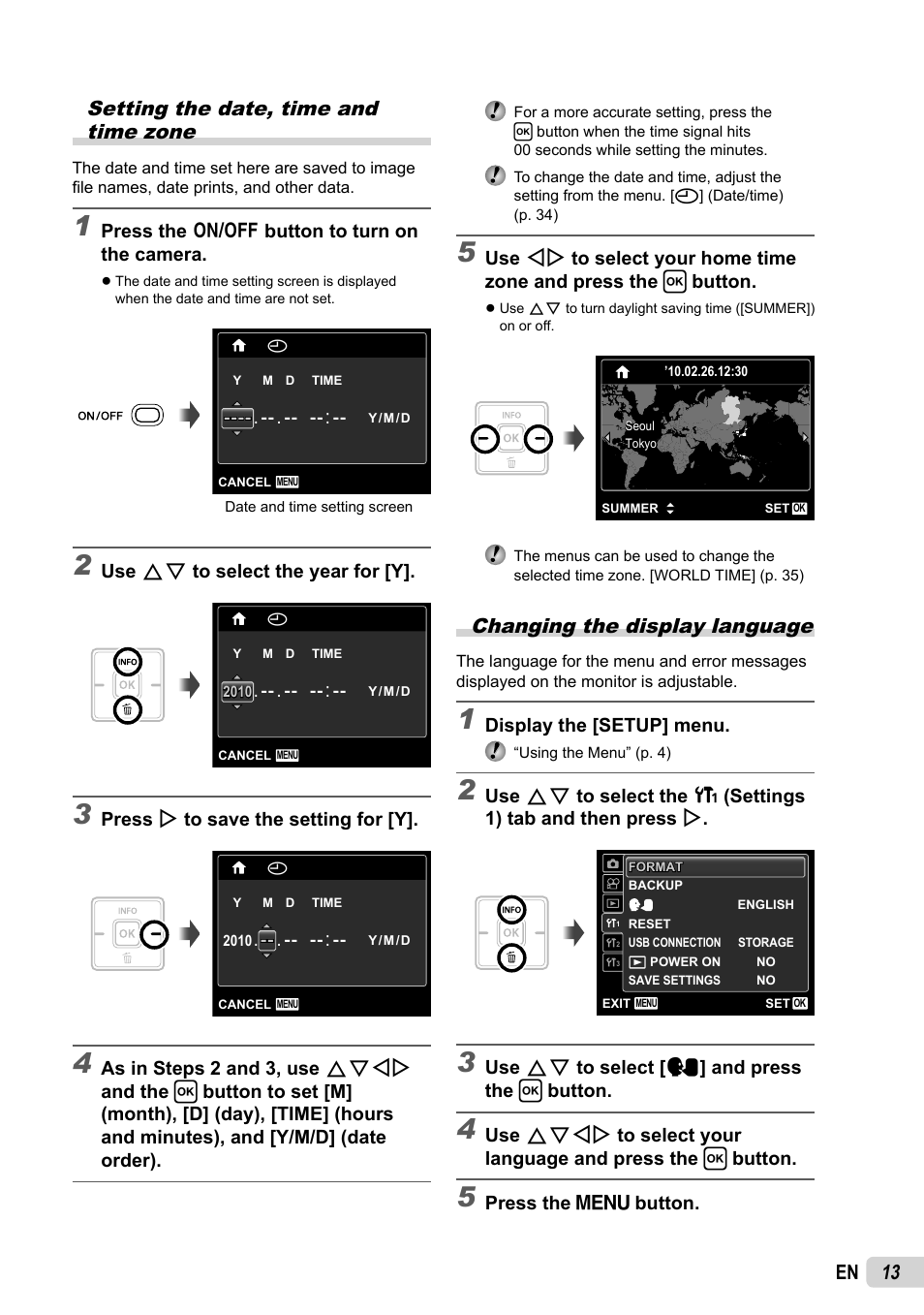 13 en setting the date, time and time zone, Changing the display language | Olympus FE-5035 User Manual | Page 13 / 60