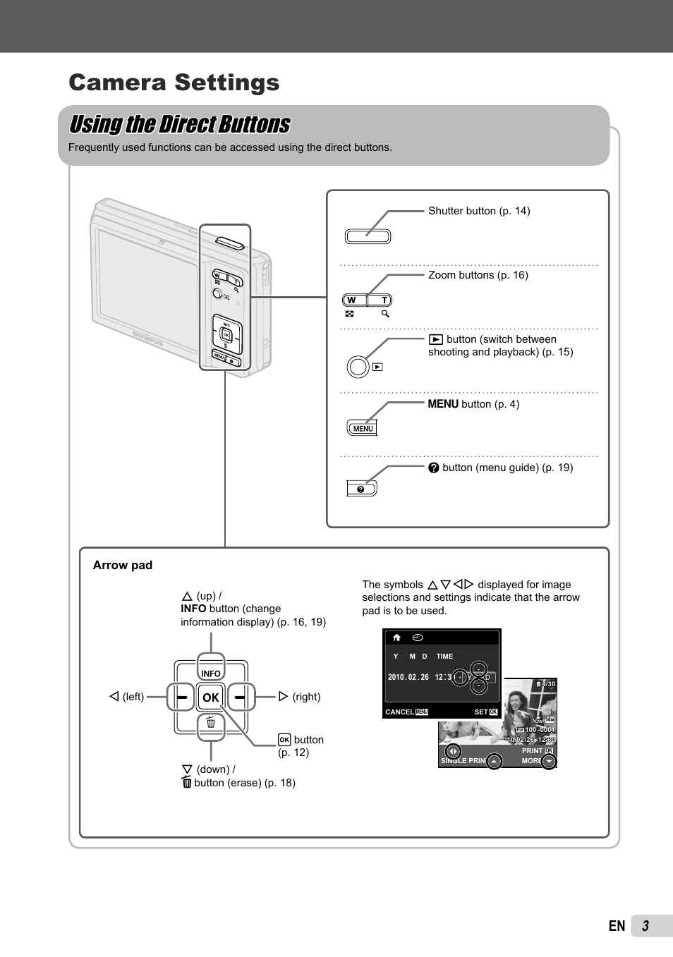 Arrow pad | Olympus FE-5035 User Manual | Page 3 / 60